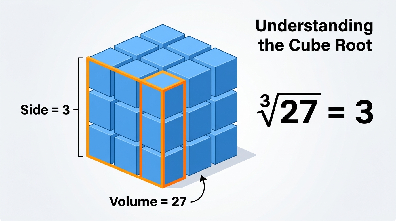 Cube root 3D geometry diagram: 27 block cube demonstrating that the cube root of 27 is 3 (∛27 = 3)