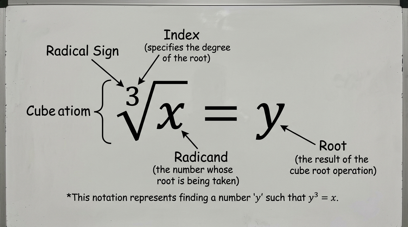 Racine cubique radical notation diagram labeling index 3, radical symbol, radicand x, and root y in ∛x = y