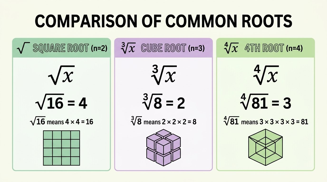 Comparative root degree chart comparing square root (n=2), cube root (n=3), and 4th root (n=4)