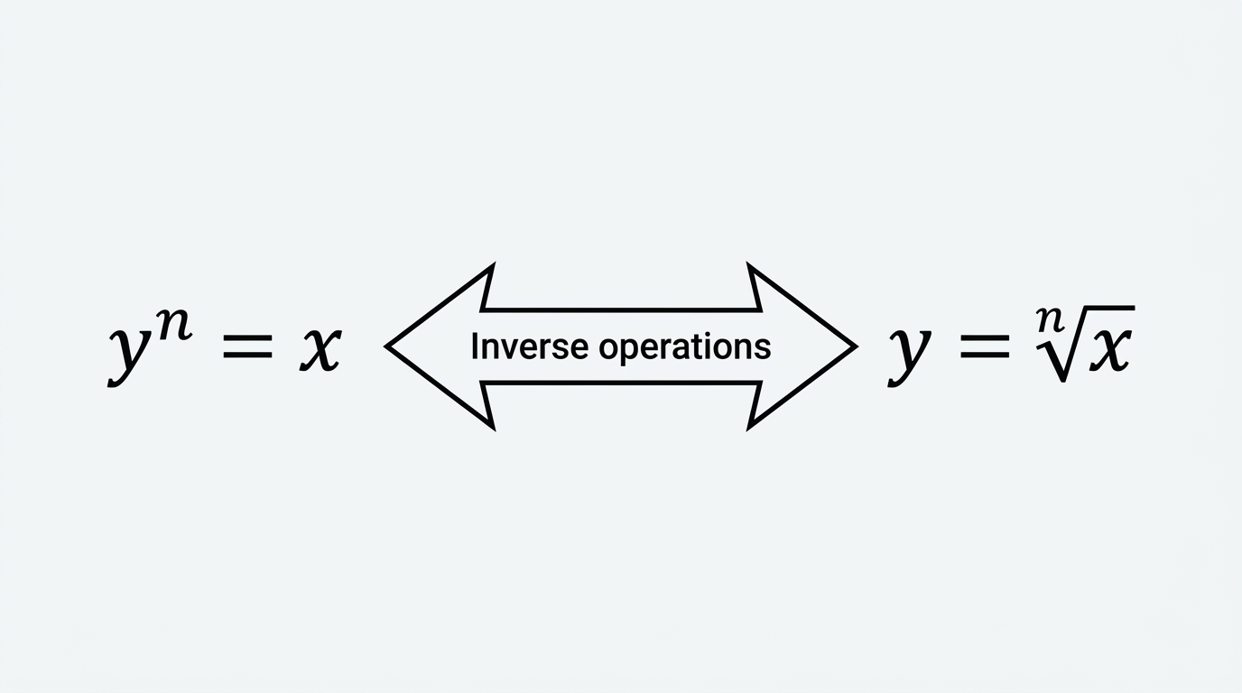 Nth root inverse operation math diagram showing relationship between exponentiation y^n = x and nth root y = ⁿ√x