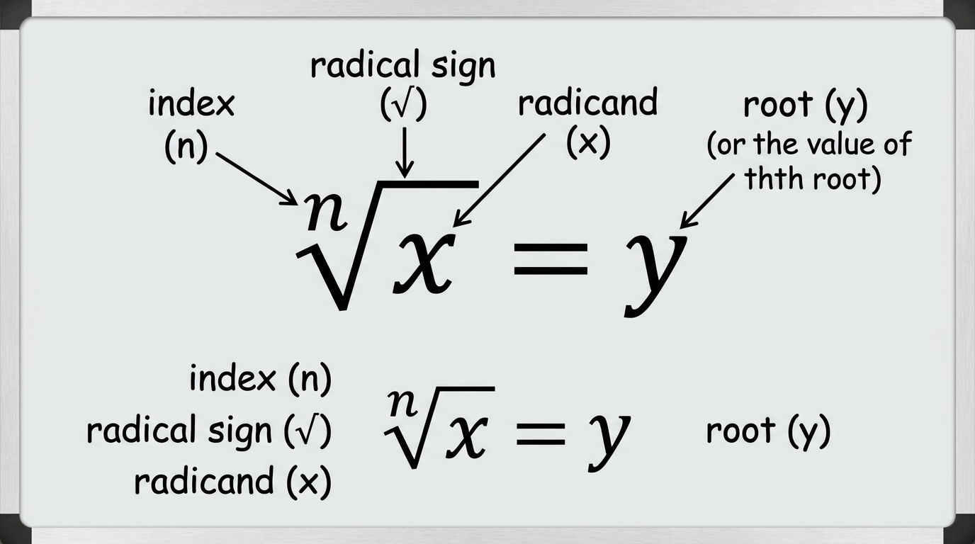 Nth root radical notation diagram labeling index n, radical symbol, radicand x, and root y in ⁿ√x = y