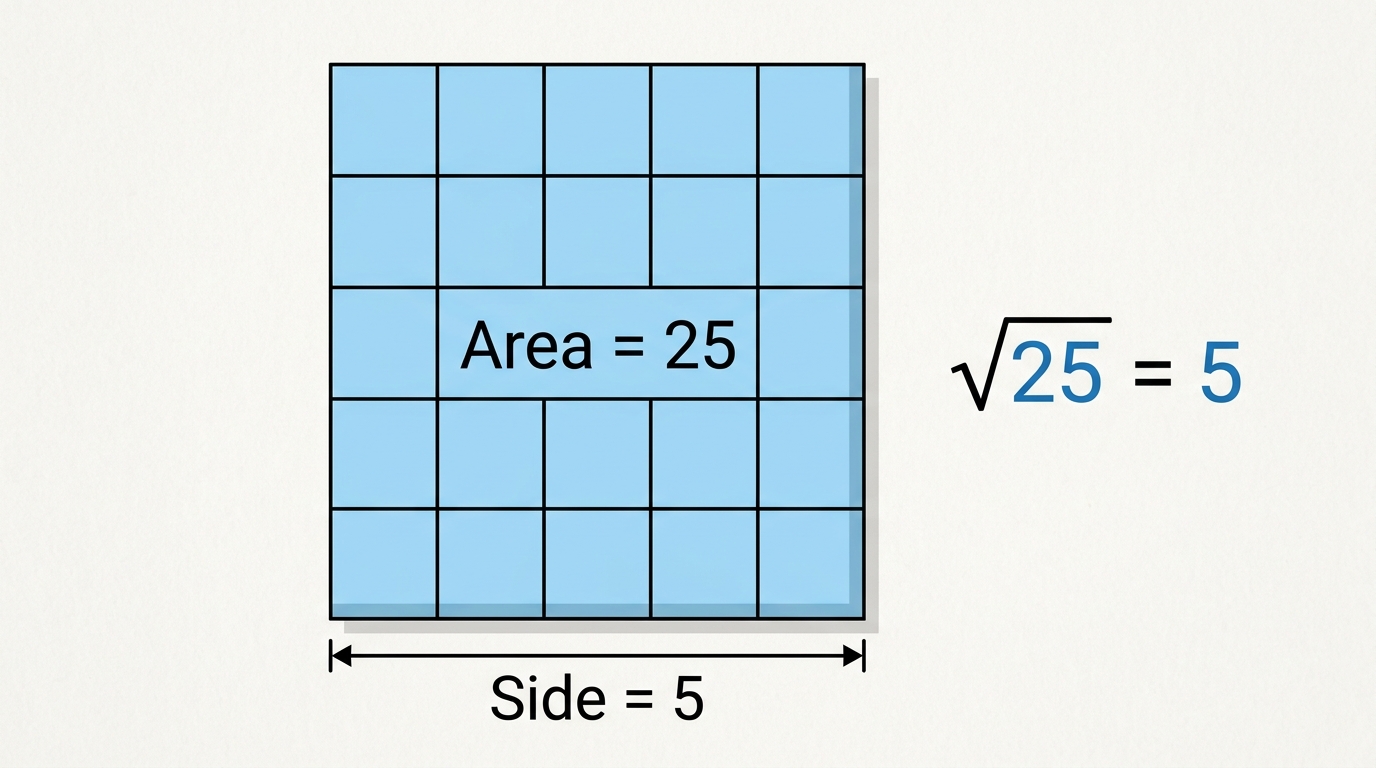 Square root geometry diagram: 25 square unit grid demonstrating that a square with area 25 has side length 5 (√25 = 5)