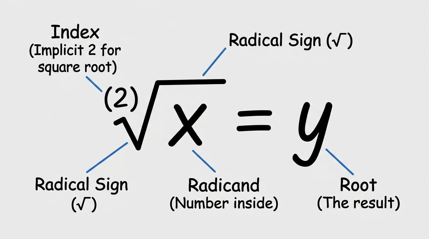 Racine carrée radical notation diagram labeling index, radical symbol, radicand x, and root y in √x = y