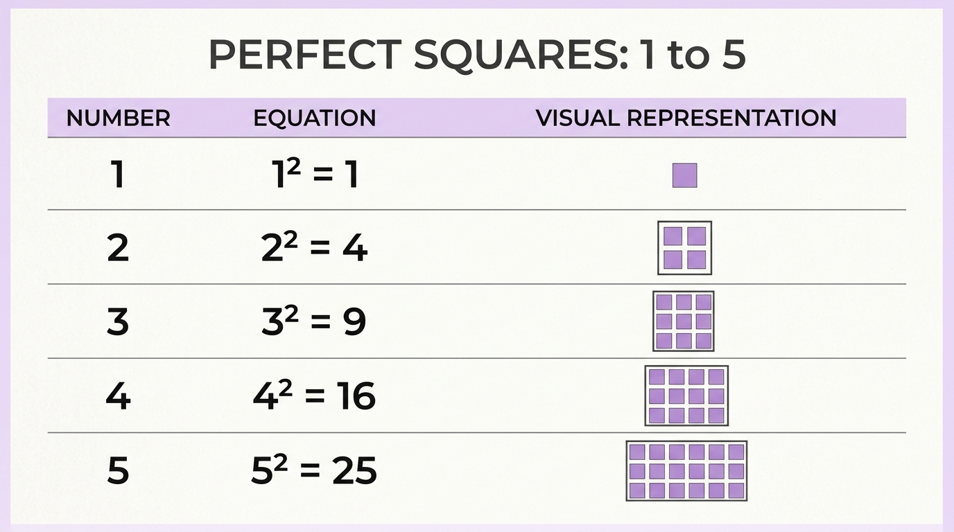 Perfect squares reference chart from 1 to 5 with visual grid area illustrations